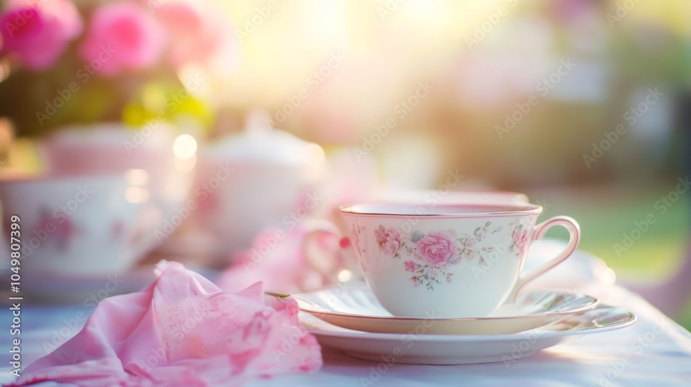 Fototapeta premium Serene Afternoon Tea in Floral China with Natural Light