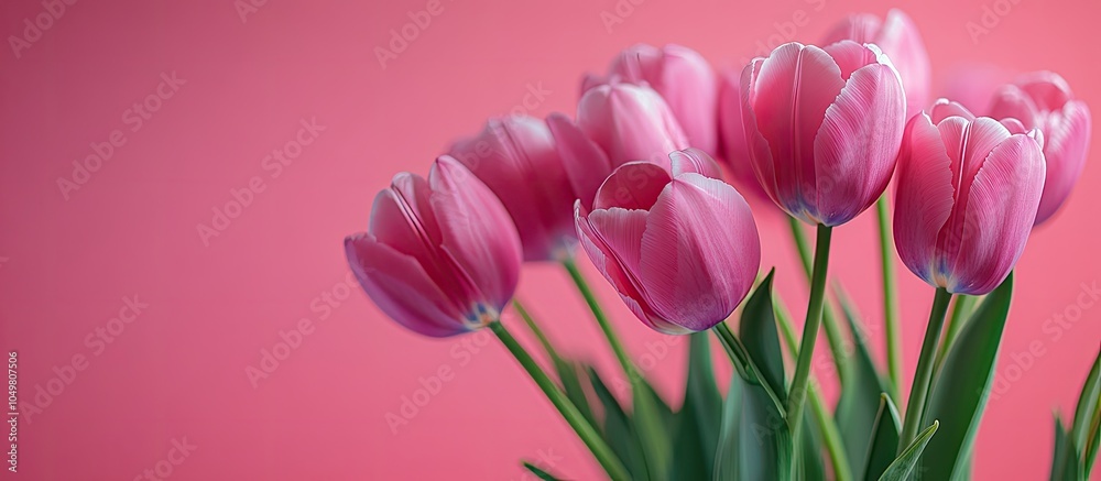 Fototapeta premium Handmade tulip bouquet fabric with a heartfelt touch Flowers symbolize a gift of love for Valentine s Day Pink background with copy space