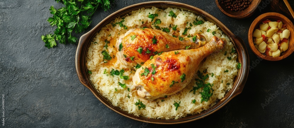 Cooked chicken without garnish chicken rice. with copy space image. Place for adding text or design Cooked chicken without garnish chicken rice. with copy space image. Place for adding text or design