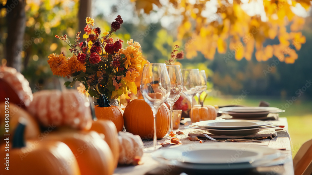 Adults decorating the table with pumpkins outside smiling Adults decorating the table with pumpkins outside smiling