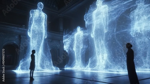 An interactive digital gallery with holographic art displays, where visitors engage with motion-responsive installations and AI-enhanced visual effects 
