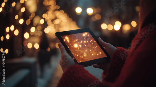  A woman holding an iPad with glowing lights on the screen, a bokeh background, warm tones, a cozy, Christmas-like vibe