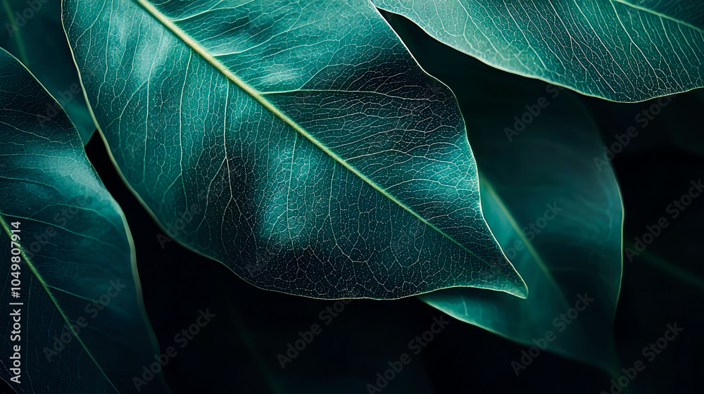 Obraz premium Close-up of green leaves with visible veins.