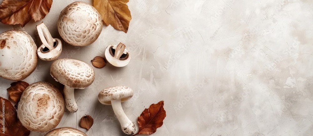 Obraz premium Polish mushroom on a light background Copyspace Top view Organic forest food fresh picked edible Porcini mushroom Autumn harvest theme Mushroom foraging