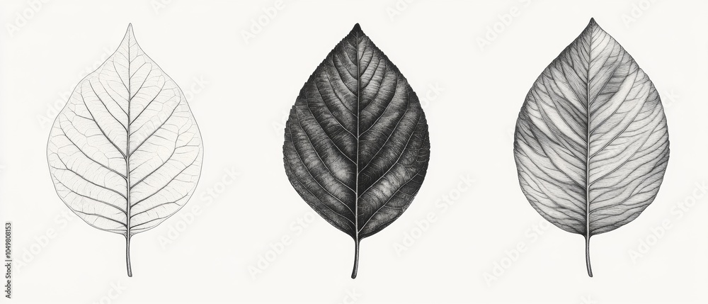 Obraz premium Three leaves are shown in black and white, with the middle one being the darkest