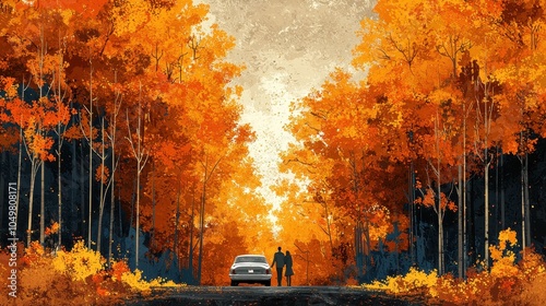 A couple on a scenic drive through a forest of tall trees with golden leaves, stopping at a viewpoint to admire the vibrant autumn landscape 