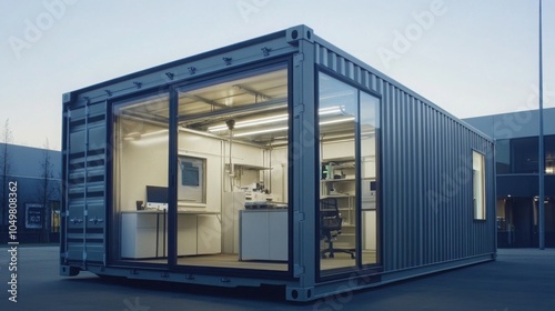 A modern shipping container converted into a sleek mobile office, with large windows and high-tech equipment inside.