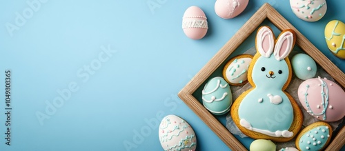 Colorful Easter bunny and egg cookies in a wooden frame Blue background top view. with copy space image. Place for adding text or design photo