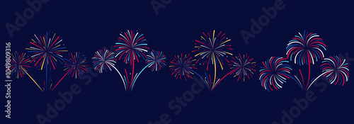 Colorful exploding fireworks on a dark background. Set of different fireworks with red, blue, yellow, white colors.