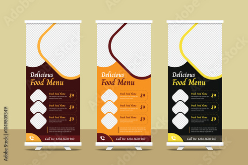 Modern abstract designed food menu restaurant roll up promotional banner template design