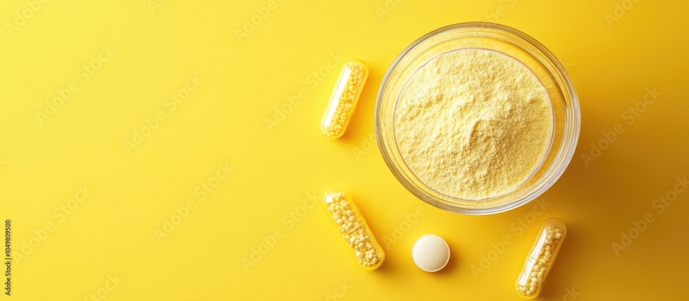 Natural beauty and health supplement for skin bones and joints Collagen powder and capsules with a glass of water on a yellow background Copy space top view Natural beauty and health supplement for skin bones and joints Collagen powder and capsules with a glass of water on a yellow background Copy space top view