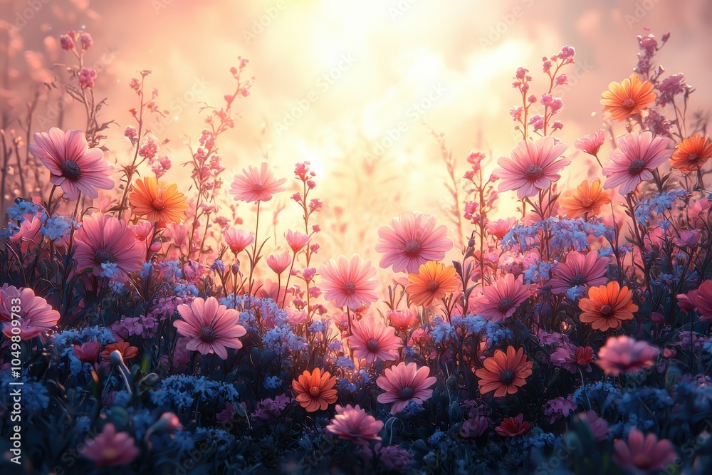 Fototapeta premium A vibrant floral landscape with colorful wildflowers glowing at sunset, creating a dreamy and serene atmosphere, perfect for nature lovers.