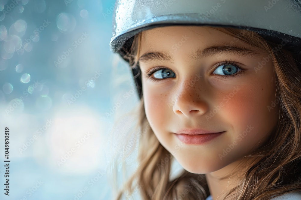 Young girl in a helmet smiling gently at the camera with soft rain in the background Young girl in a helmet smiling gently at the camera with soft rain in the background