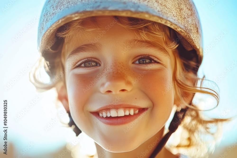 Fototapeta premium A joyful child wearing a helmet smiles brightly in the warm sunlight
