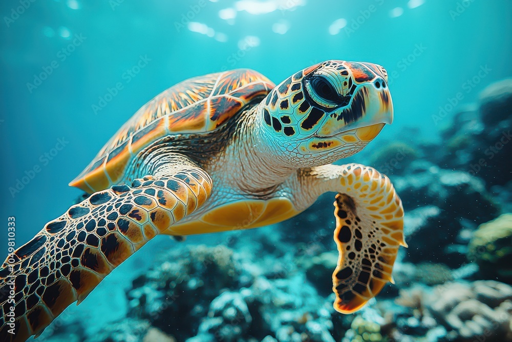 Fototapeta premium Close-up of a sea turtle swimming gracefully in clear blue ocean waters, showcasing vibrant colors and intricate shell patterns in a coral reef.