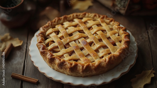 Classic Apple Pie on Rustic Wooden Table: Close-Up of Homemade Lattice-Crust Pie with Cinnamon Sticks and Autumn Leaves for Festive and Cozy Food Photography