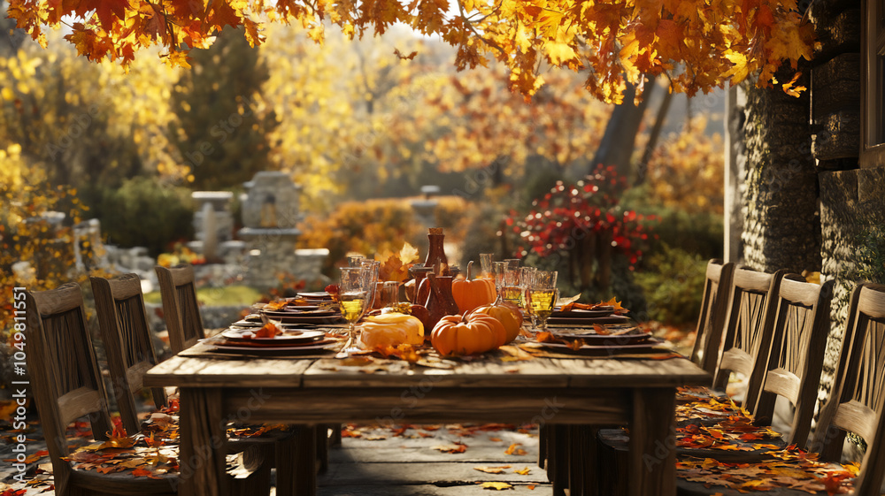 Adults decorating the table with fall leaves backyard smiling 