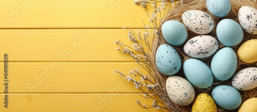 Easter double border featuring modern farmhouse fabric and pastel eggs set against a yellow wood banner backdrop Top view with copy space photo