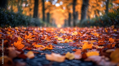 Vibrant autumn leaves scattered on a pathway in a peaceful forest, capturing the essence of fall with colorful foliage and tranquil beauty.