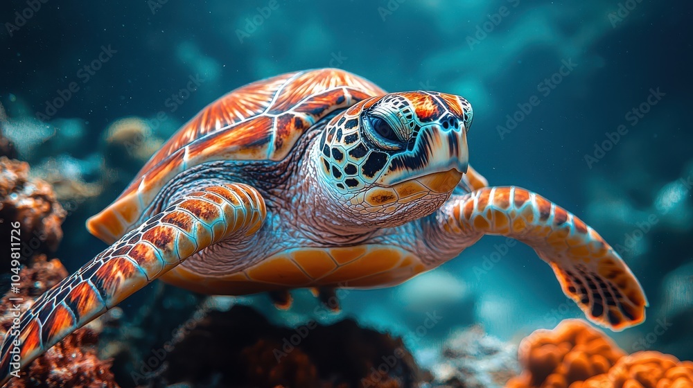 Fototapeta premium Vibrant sea turtle swimming gracefully through colorful coral reef, highlighting underwater marine life's beauty and tranquility.