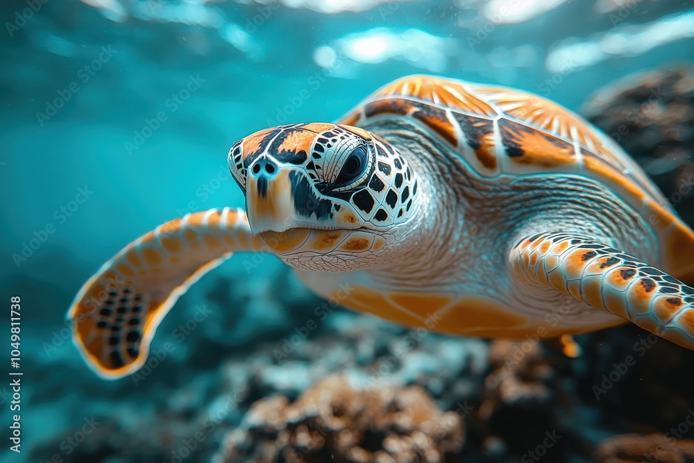 Vibrant sea turtle swimming gracefully underwater, showcasing its intricate shell pattern against a clear blue ocean backdrop. Vibrant sea turtle swimming gracefully underwater, showcasing its intricate shell pattern against a clear blue ocean backdrop.