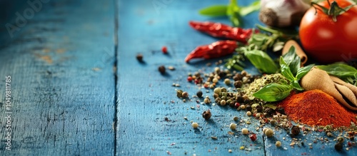 Herbs and spices on a blue ...