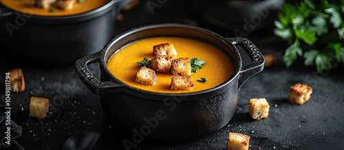 Close up of pumpkin soup wi...