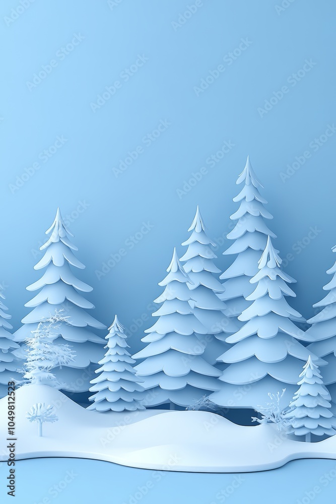 Winter Wonderland 3D Render of Snow-Covered Coniferous Trees Against a Serene Blue Background. Winter Wonderland 3D Render of Snow-Covered Coniferous Trees Against a Serene Blue Background.