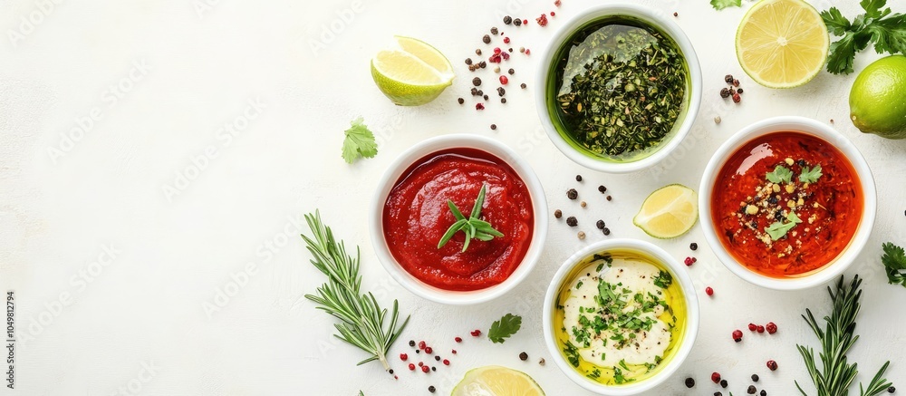 Various sauces in bowls accompanied by seasonings banner including rosemary and pepper thyme and garlic lime and lemon cilantro top view copy space Various sauces in bowls accompanied by seasonings banner including rosemary and pepper thyme and garlic lime and lemon cilantro top view copy space