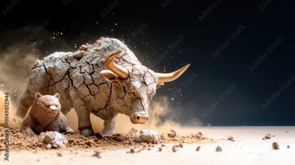 Fototapeta premium Imposing prehistoric desert creature emerging from parched cracked earth of desolate arid landscape Powerful fierce mythological beast symbolizing survival adaptation