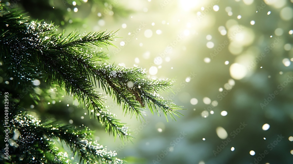 Obraz premium Fresh green fir branches surrounding a bright, open winter space, with snowflakes gently floating down.