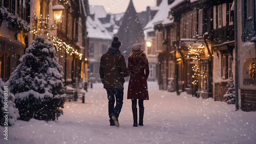 Couple walking through a snowy town chatting during evening 