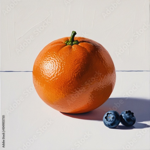 A realistic and moderately detailed depiction of a single, plump, Ripe Orange in a vibrant shade of deep orange with slight gradations of Orange, rendered in gouache paint with bold, expressive  photo