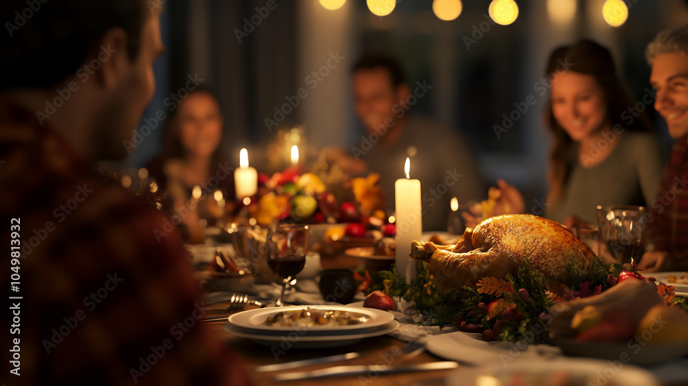 Group celebrating around a Thanksgiving dinner table chatting during evening Group celebrating around a Thanksgiving dinner table chatting during evening