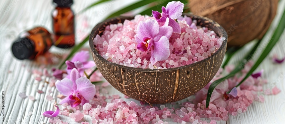 A coconut shell bowl filled with a pile of pink bath salt and orchid flower petals alongside tincture bottles placed on a white wood table. with copy space image. Place for adding text or design A coconut shell bowl filled with a pile of pink bath salt and orchid flower petals alongside tincture bottles placed on a white wood table. with copy space image. Place for adding text or design