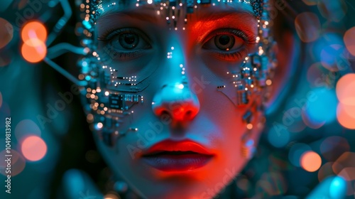The face of android young woman covered with integrated microcircuits against background of IT equipment, neon lights and digital elements. Future human robot with electronic chips and circuit on head