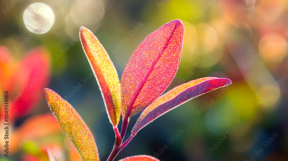 Fototapeta premium Close-up of vibrant red leaves on a branch, bathed in soft sunlight with a blurred background.