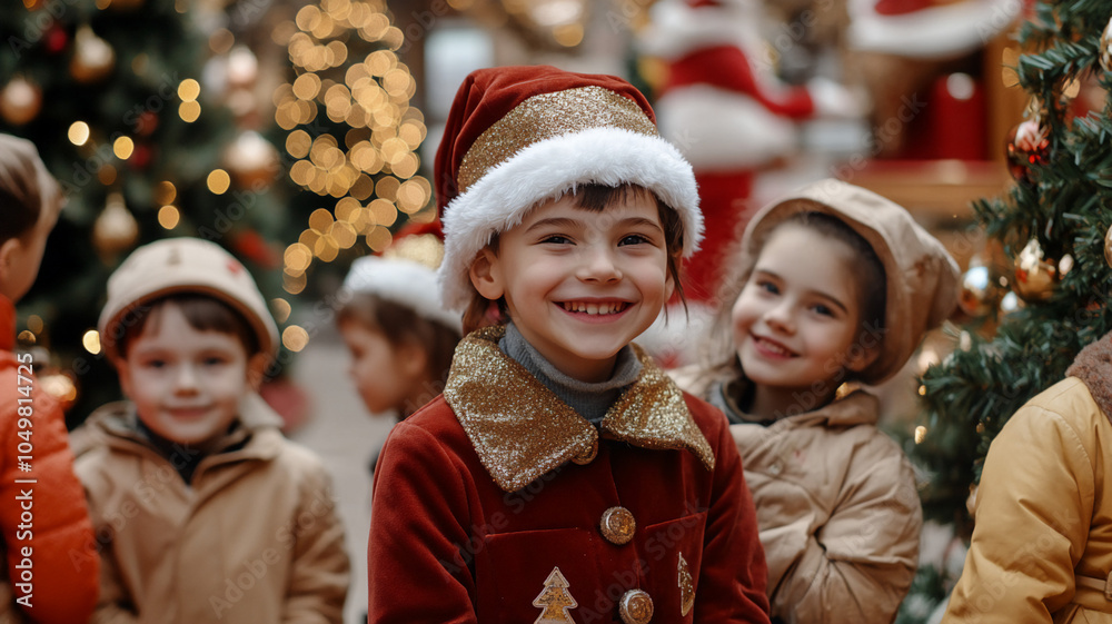 Person in costume posing with Children in front of a Christmas scene cheerful Person in costume posing with Children in front of a Christmas scene cheerful