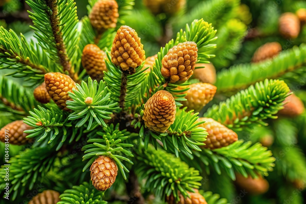 A drone captures a coniferous tree adorned with young cones, set against a lush fir forest. A drone captures a coniferous tree adorned with young cones, set against a lush fir forest.