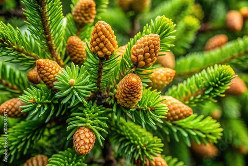 A drone captures a coniferous tree adorned with young cones, set against a lush fir forest.