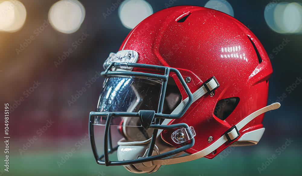 Fototapeta premium Vibrant Red Football Helmet Captured in High Detail Showcasing the Essential Gear for Thrilling American Football Matches Under Stadium Lights.