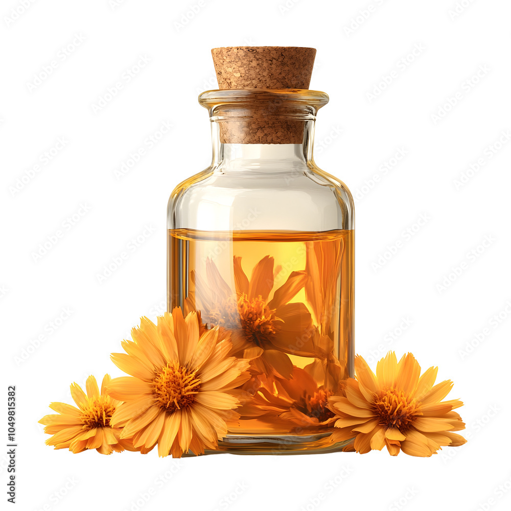 Photography of Calendula Serum in Glass Bottle with Fresh Calendula Flowers on White Isolated Background Photography of Calendula Serum in Glass Bottle with Fresh Calendula Flowers on White Isolated Background