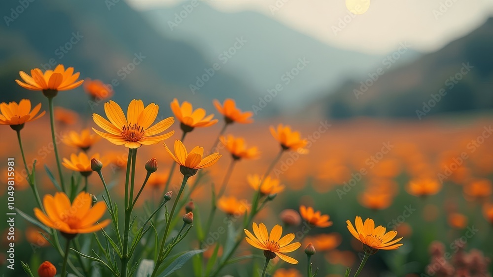 Obraz premium Sunlit orange wildflowers in blooming meadow at dusk