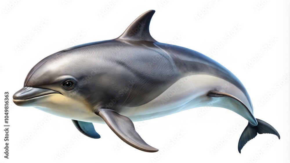 Fototapeta premium Harbor Porpoise Swimming Gracefully Against a White Background - Wildlife, Marine Life, Ocean, Underwater, Nature, Animal, Aquatic, Mammal, Conservation, Wildlife Photography, Marine Mammals 