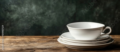 Wallpaper Mural Empty tableware a white plate a bowl and a cup on a wooden table serving as a background for food photography in a vertical format. with copy space image. Place for adding text or design Torontodigital.ca
