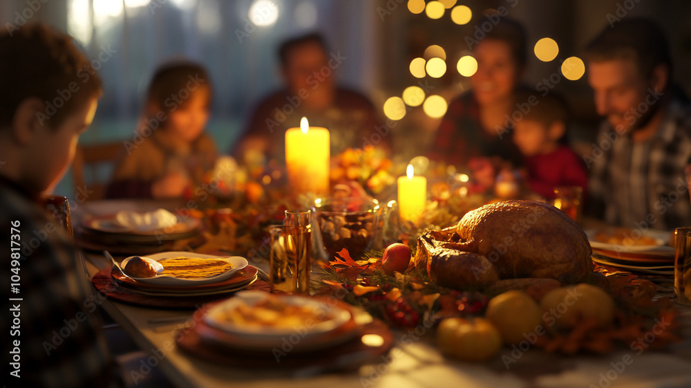 Family gathering around a Thanksgiving dinner table enjoying during evening Family gathering around a Thanksgiving dinner table enjoying during evening