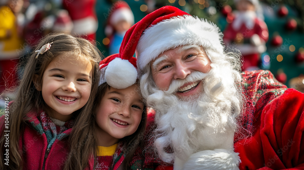 Santa posing with Children in front of a holiday display smiling Santa posing with Children in front of a holiday display smiling