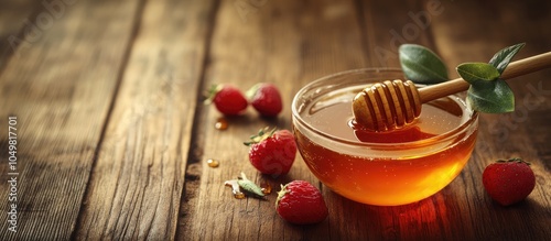 Bowl of honey dipper and fr...