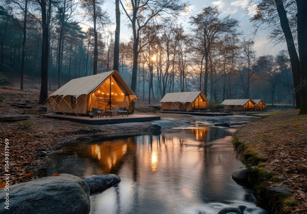 Fototapeta premium Scenic Luxury Glamping Tents by a Tranquil Stream
