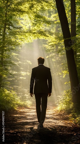 Businessman Walking on a Serene Pathway in Nature